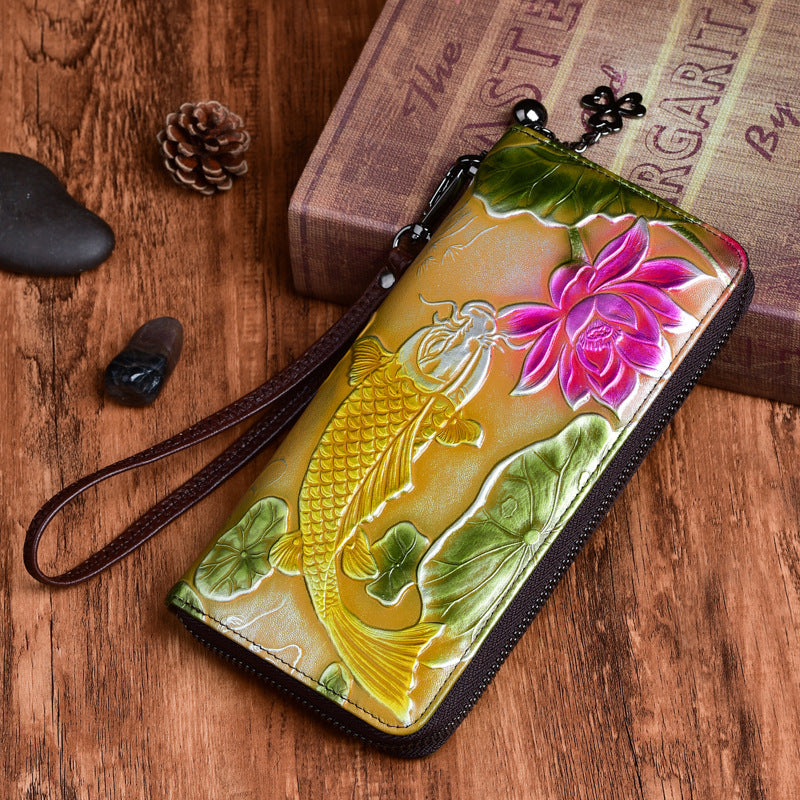 New Cowhide Wallet Women's Leather Vintage Embossed Purses Fish Cjdropshipping