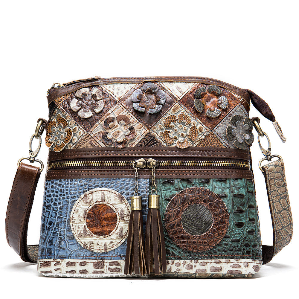 Retro Handbags Cowhide Stitching One-shoulder Messenger Bag Color Flowers Ladies Bag Casual Leather Bag Cjdropshipping