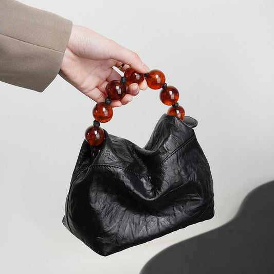New Chinese-style beaded top layer cowhide bag, women's hand-grabbed pattern lunch box bag, beaded hand-held crossbody bag Hypersku