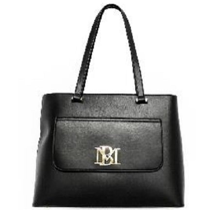 Black structured handbag with two top handles and a gold BM logo.