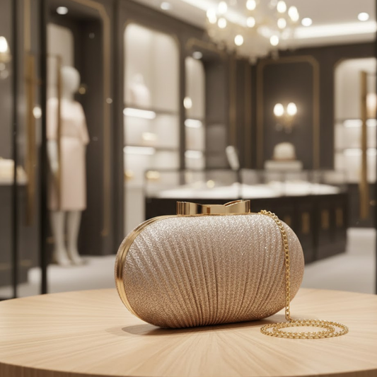 Champagne gold glitter oval clutch with pleated texture and gold chain.