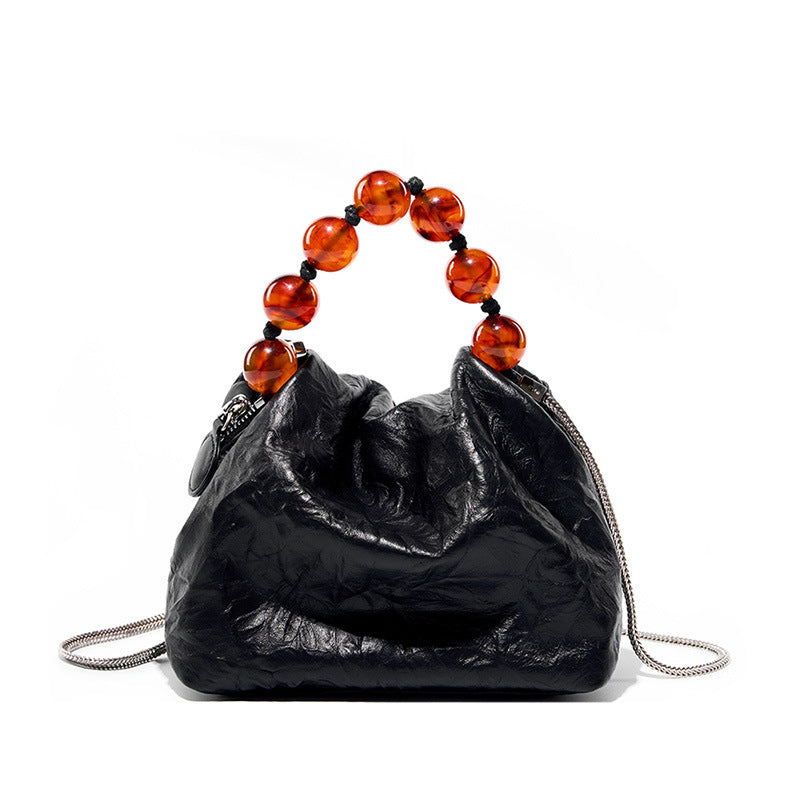 New Chinese-style beaded top layer cowhide bag, women's hand-grabbed pattern lunch box bag, beaded hand-held crossbody bag Hypersku