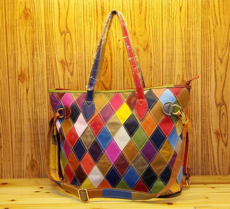 New Fashion Trend Colorful Contrast Color Plaid Stitching One-Shoulder Messenger Casual Leather Cowhide Handbags Cjdropshipping