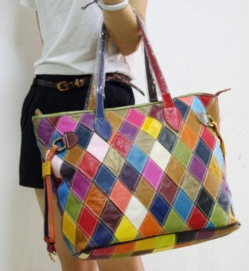 New Fashion Trend Colorful Contrast Color Plaid Stitching One-Shoulder Messenger Casual Leather Cowhide Handbags Cjdropshipping