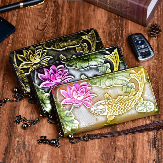 New Cowhide Wallet Women's Leather Vintage Embossed Purses Fish Cjdropshipping