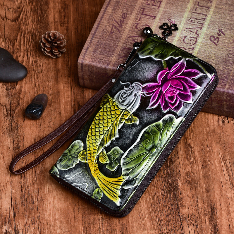 New Cowhide Wallet Women's Leather Vintage Embossed Purses Fish Cjdropshipping