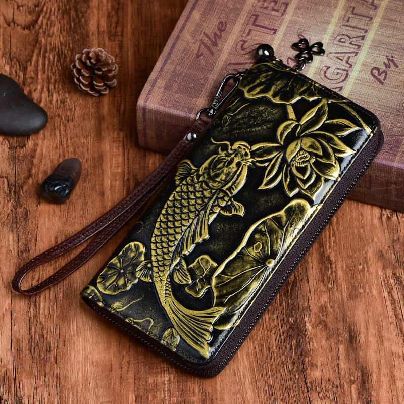 New Cowhide Wallet Women's Leather Vintage Embossed Purses Fish Cjdropshipping