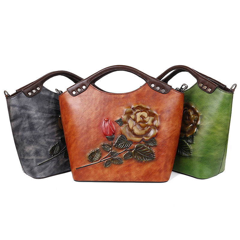 New Three-dimensional Embossed Rose Flower Head Layer Cowhide Handbags Cjdropshipping