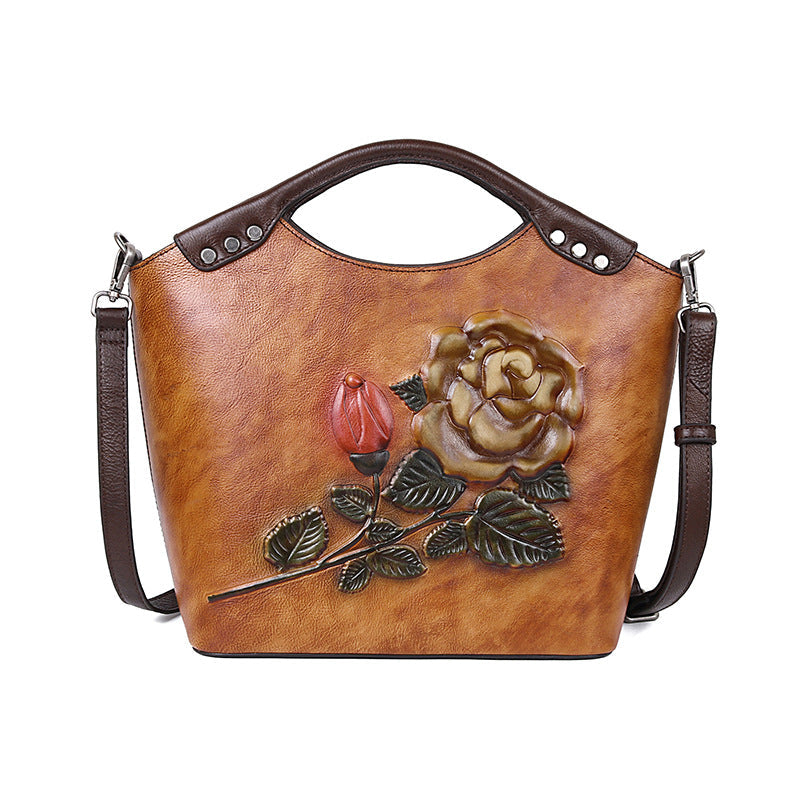 New Three-dimensional Embossed Rose Flower Head Layer Cowhide Handbags Cjdropshipping