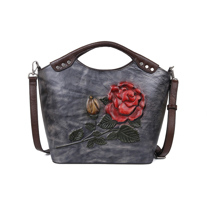 New Three-dimensional Embossed Rose Flower Head Layer Cowhide Handbags Cjdropshipping