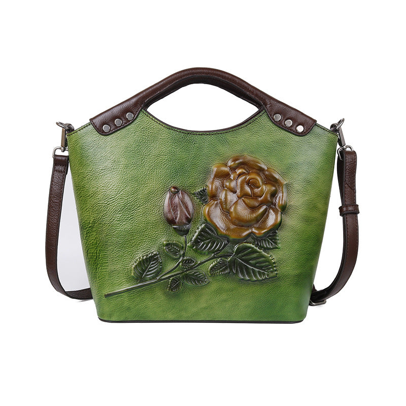 New Three-dimensional Embossed Rose Flower Head Layer Cowhide Handbags Cjdropshipping