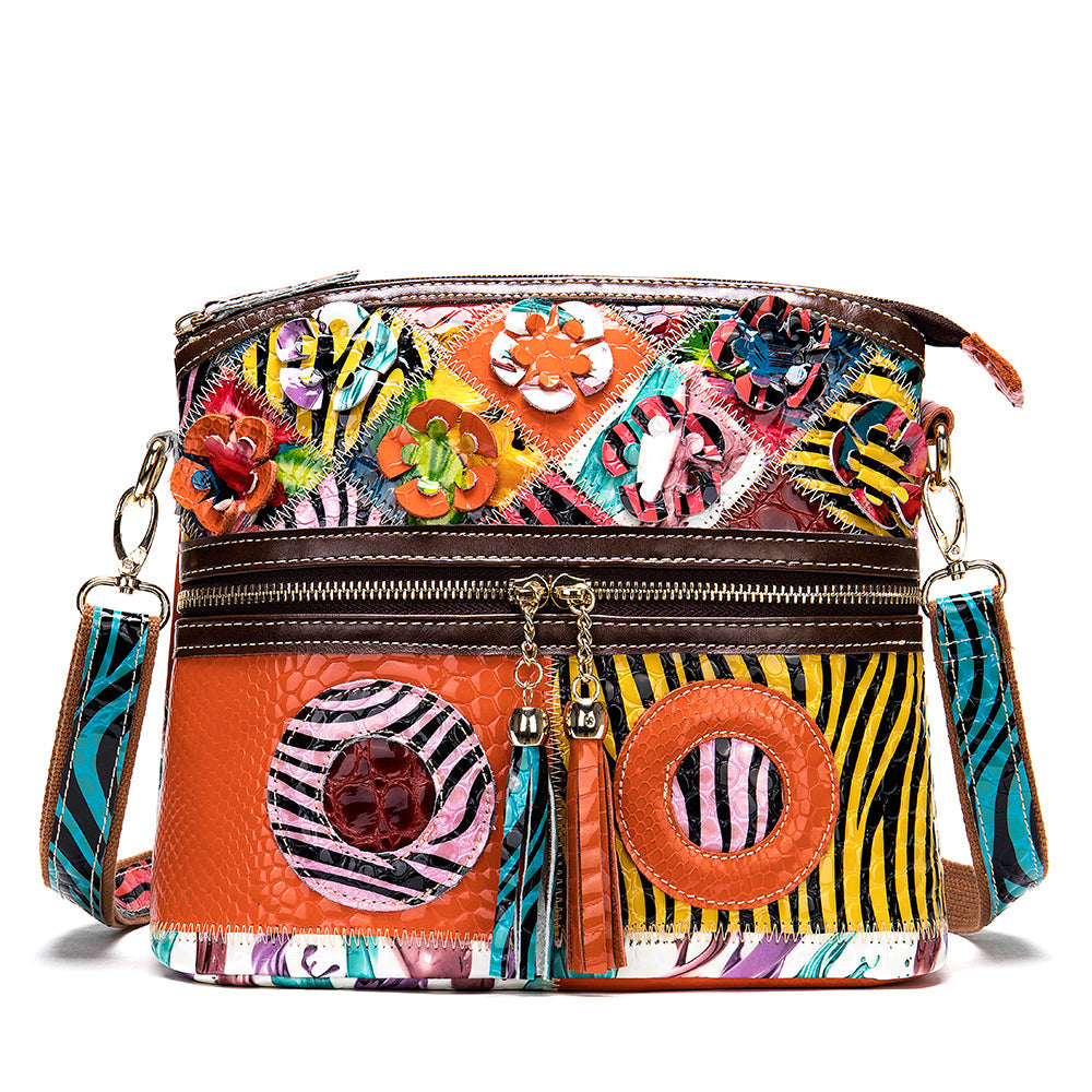 Retro Handbags Cowhide Stitching One-shoulder Messenger Bag Color Flowers Ladies Bag Casual Leather Bag Cjdropshipping