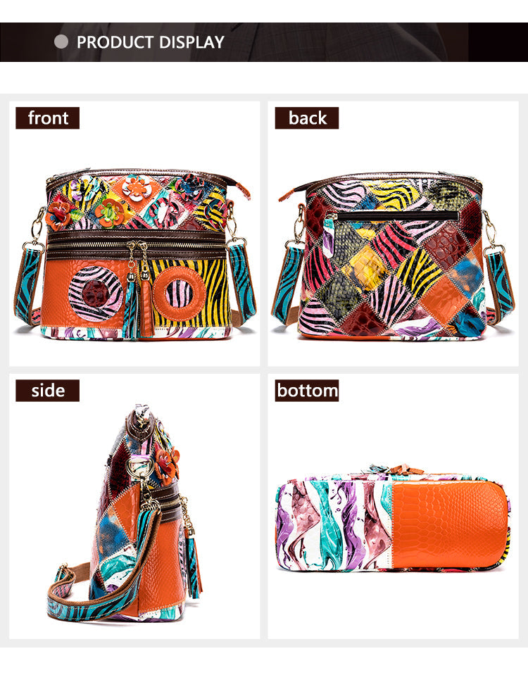 Retro Handbags Cowhide Stitching One-shoulder Messenger Bag Color Flowers Ladies Bag Casual Leather Bag Cjdropshipping