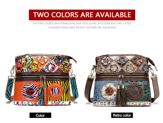Retro Handbags Cowhide Stitching One-shoulder Messenger Bag Color Flowers Ladies Bag Casual Leather Bag Cjdropshipping