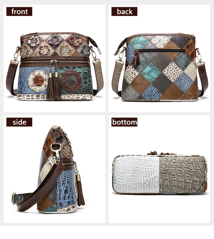 Retro Handbags Cowhide Stitching One-shoulder Messenger Bag Color Flowers Ladies Bag Casual Leather Bag Cjdropshipping
