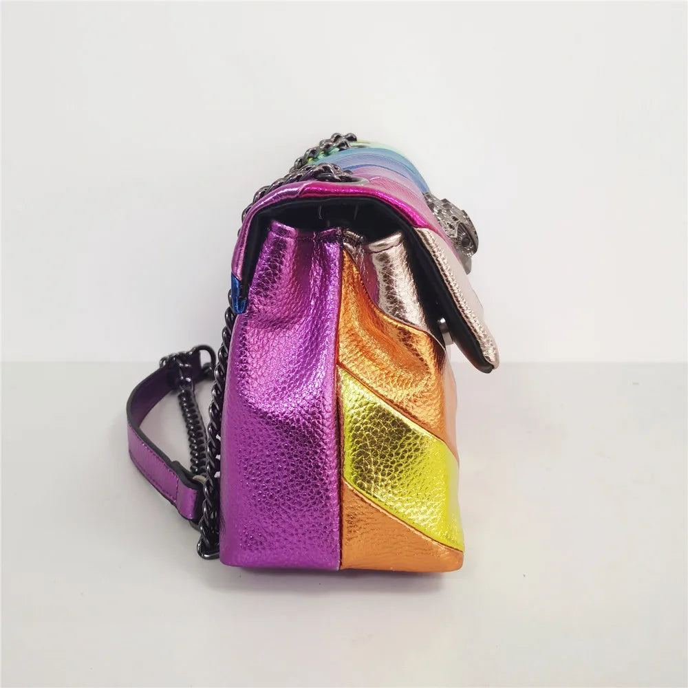 Rainbow Eagle Head Handbags Cross Body Bag 26cm Medium Raibow Bird Head Patchwork Shouler Bags Chain Small Flap Purse eprolo