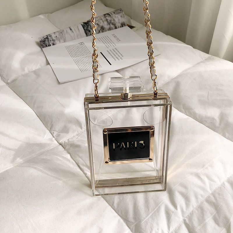 Bag handbags 2020 new European and American fashion dinner bag personality creative perfume bottle hand transparent shoulder bag Classy’s