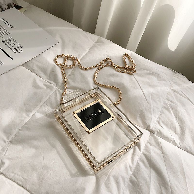 Bag handbags 2020 new European and American fashion dinner bag personality creative perfume bottle hand transparent shoulder bag Classy’s
