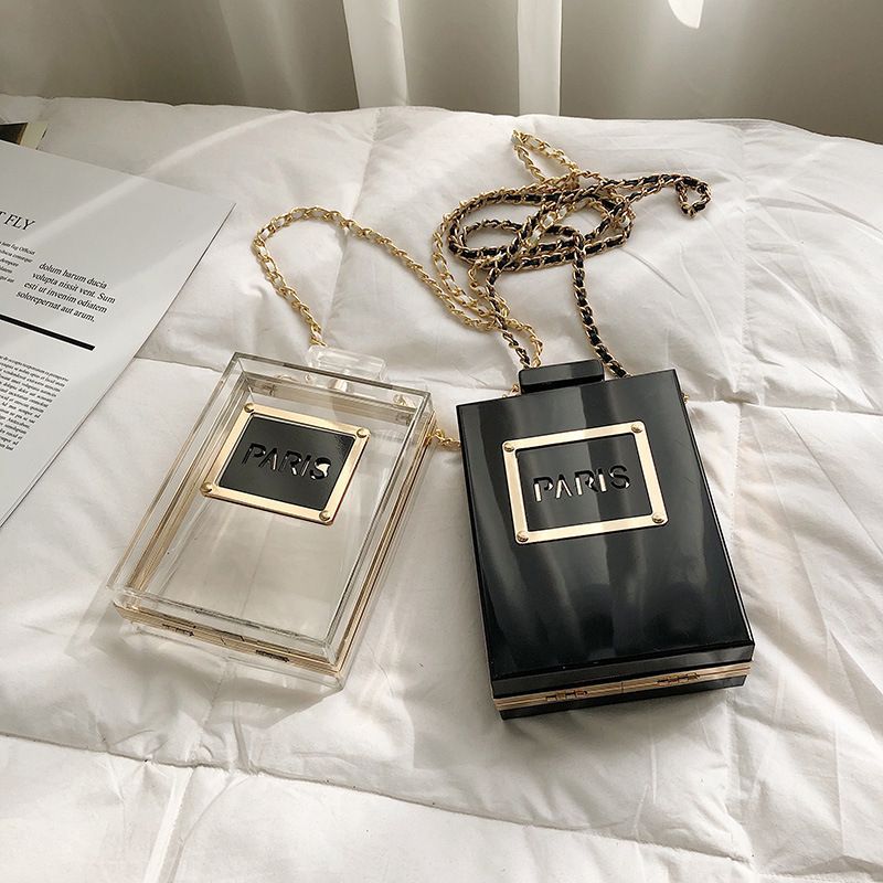 Bag handbags 2020 new European and American fashion dinner bag personality creative perfume bottle hand transparent shoulder bag Classy’s