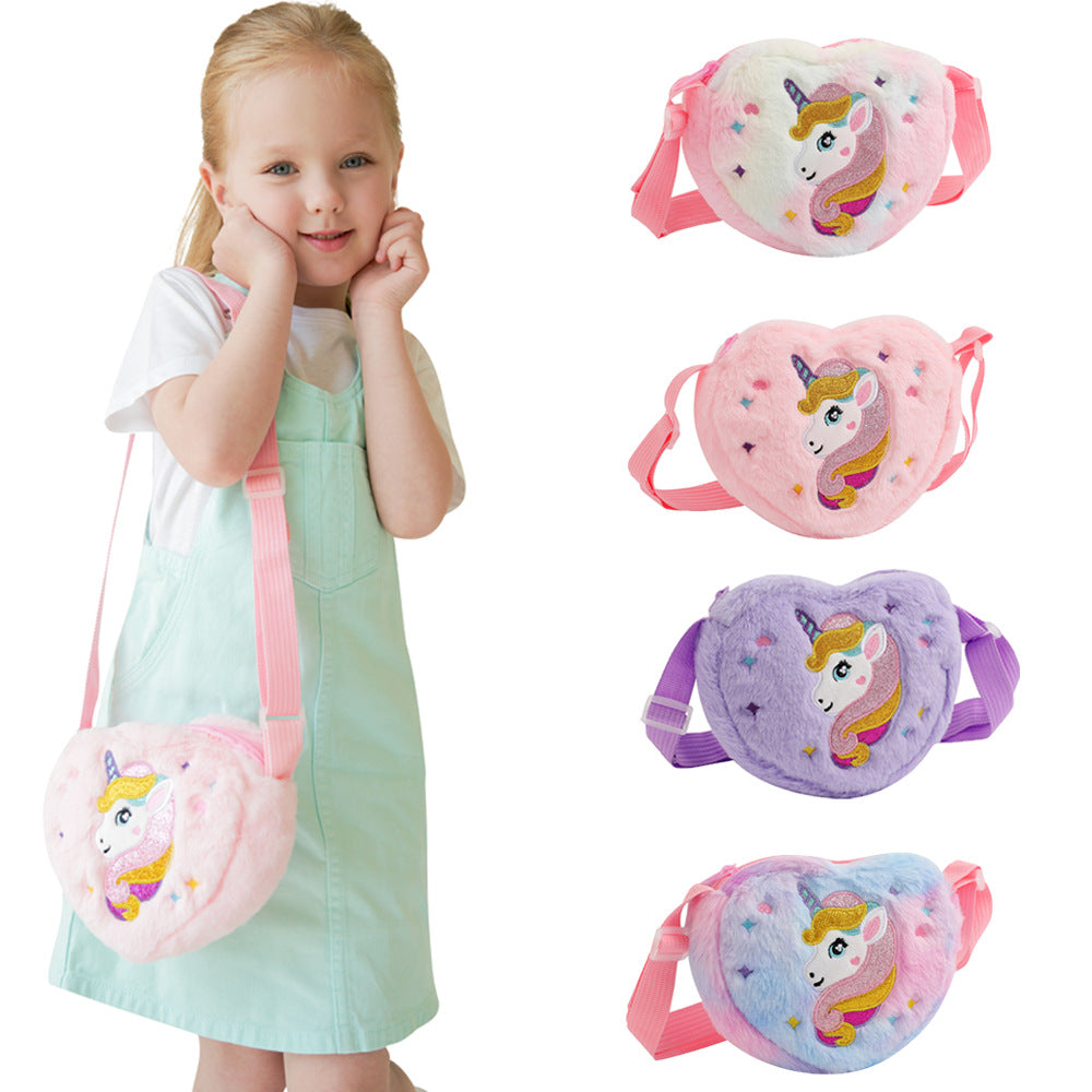 Children's heart-shaped unicorn cartoon single-shoulder bag, plush heart-shaped crossbody bag, kindergarten girls' candy storage bag Hypersku