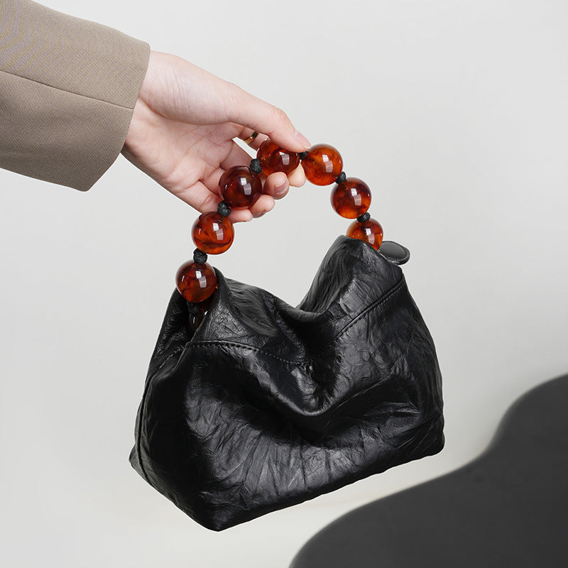 New Chinese-style beaded top layer cowhide bag, women's hand-grabbed pattern lunch box bag, beaded hand-held crossbody bag Hypersku