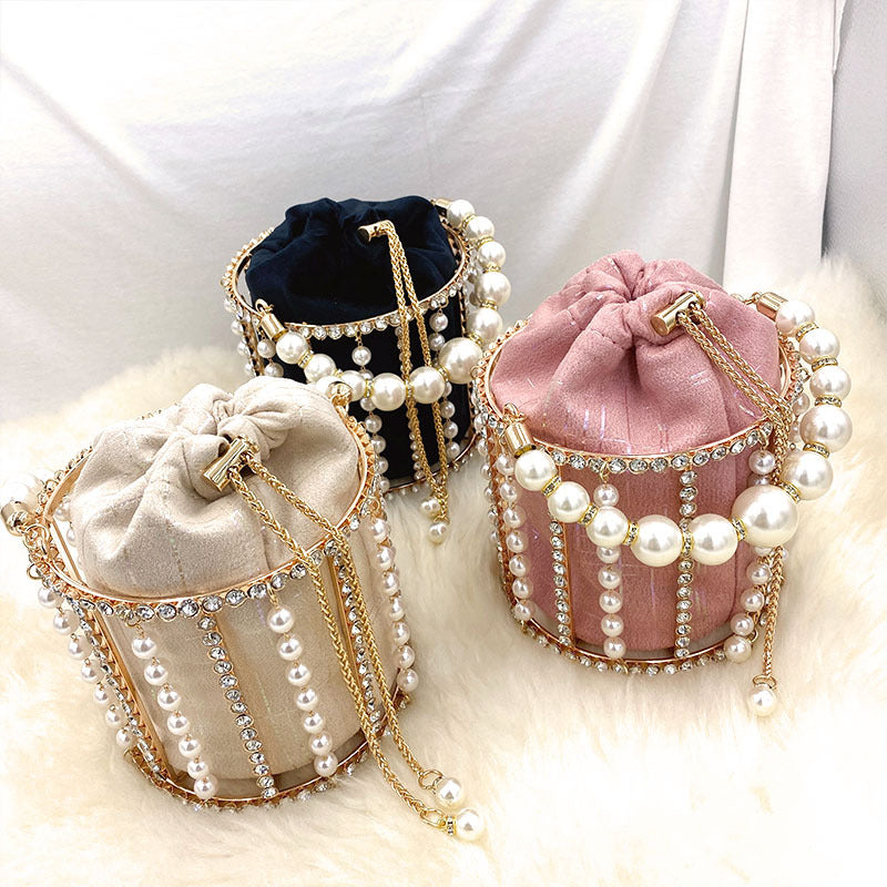 Rhinestone Pearl Beaded Bucket Clutch eprolo