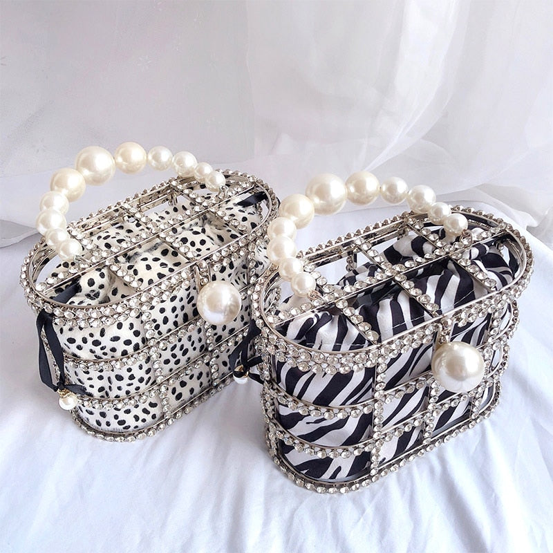 Leopard Zebra Pattern Diamonds Basket Evening Clutch Bags Women Luxury Purses Preal Beaded Metallic Handbags Ladies Wedding Bag eprolo