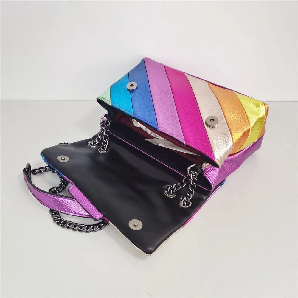 Rainbow Eagle Head Handbags Cross Body Bag 26cm Medium Raibow Bird Head Patchwork Shouler Bags Chain Small Flap Purse eprolo