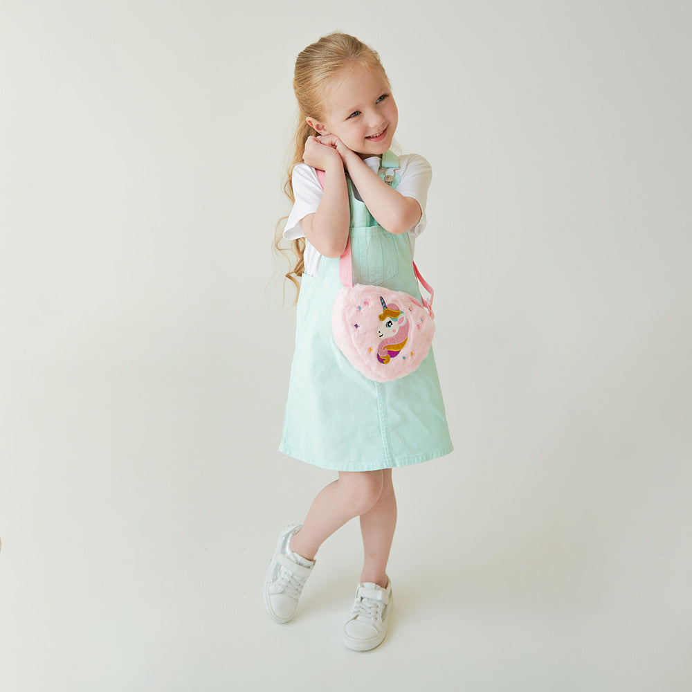 Children's heart-shaped unicorn cartoon single-shoulder bag, plush heart-shaped crossbody bag, kindergarten girls' candy storage bag Hypersku