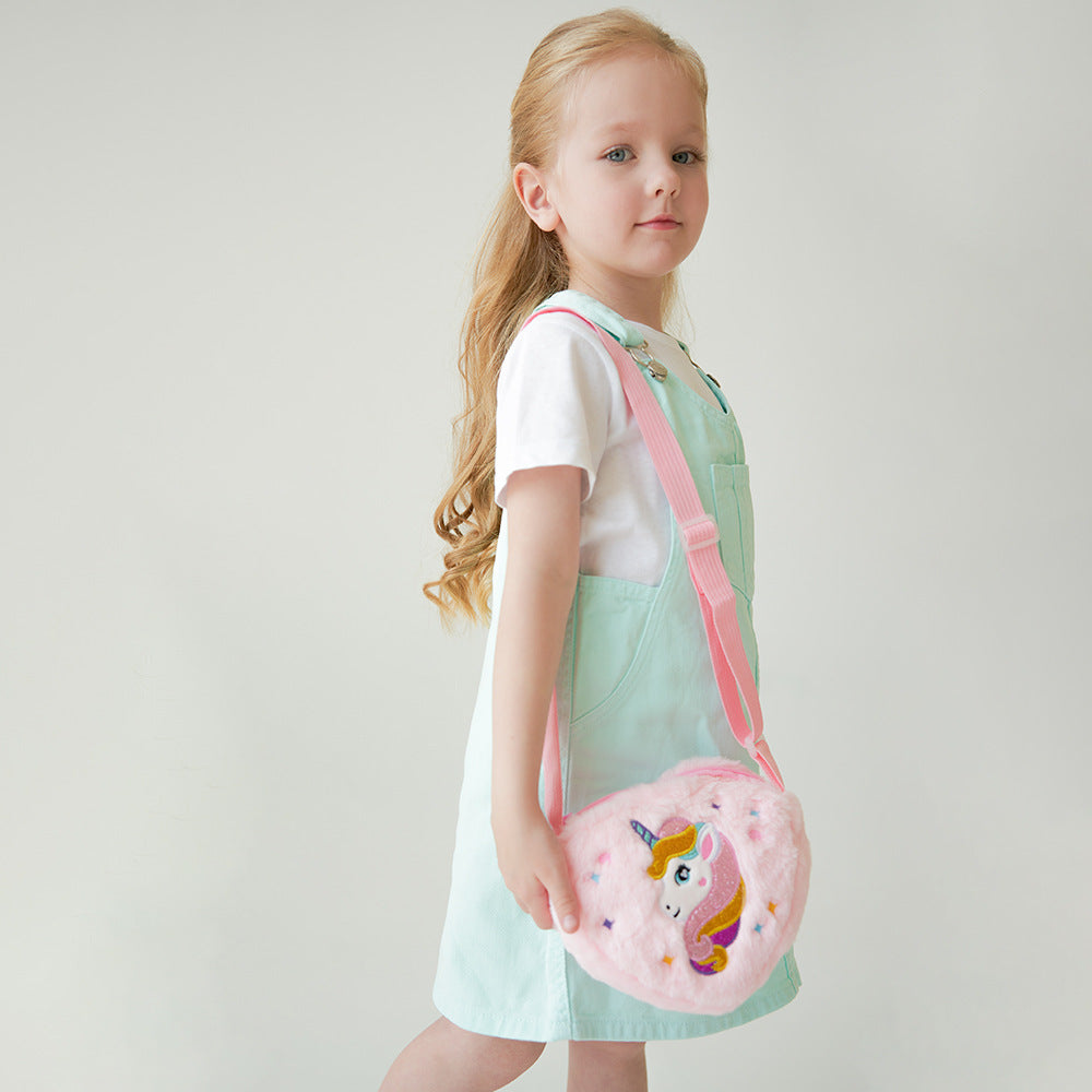 Children's heart-shaped unicorn cartoon single-shoulder bag, plush heart-shaped crossbody bag, kindergarten girls' candy storage bag Hypersku