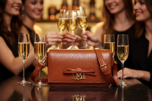 Cognac textured shoulder bag with a gold clasp and adjustable strap.