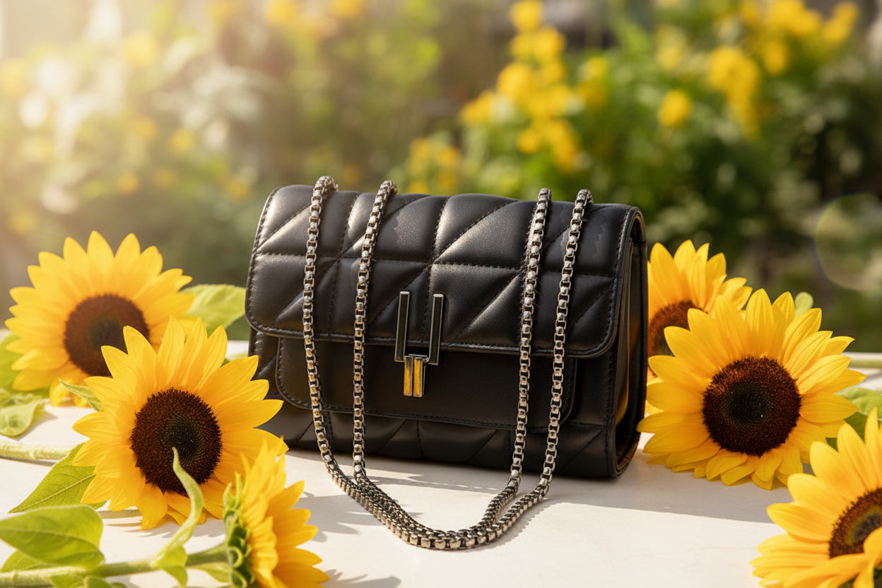 Black quilted leather handbag with a silver chain strap and clasp.