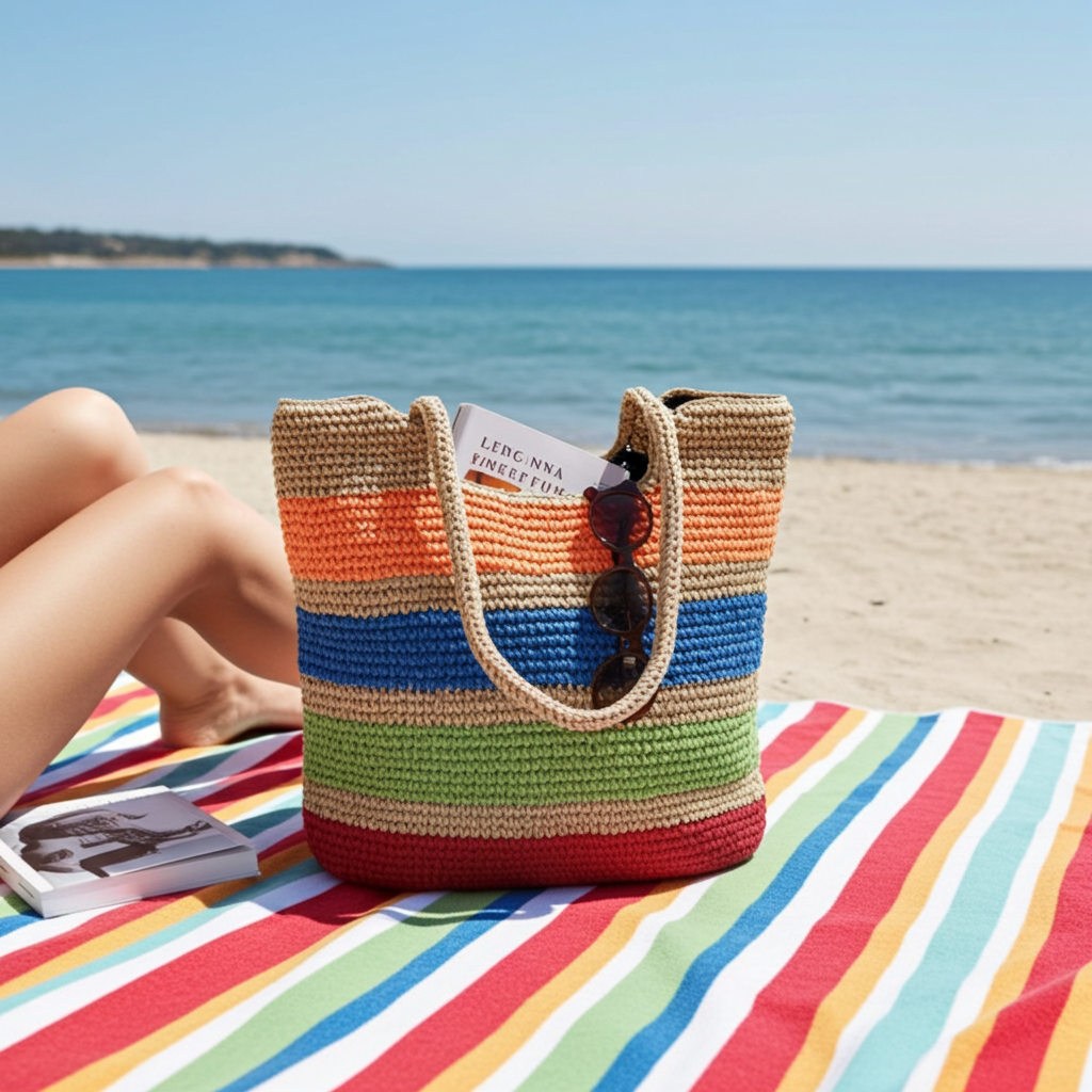 Crochet Colorful Straw Beach Tote eprolo