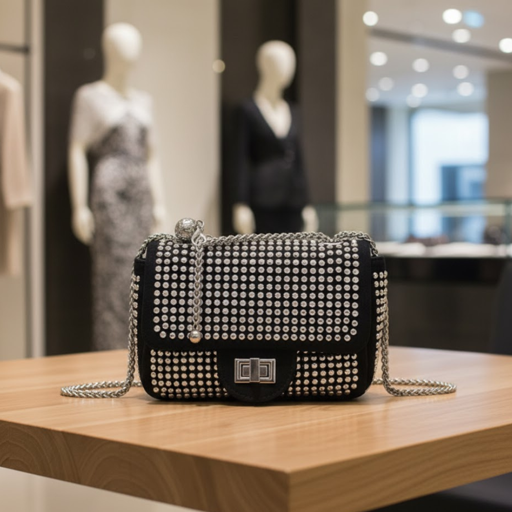Black studded handbag with a silver chain strap on a wooden table.