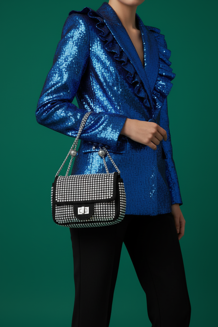 A black studded shoulder bag with a silver chain strap and clasp.