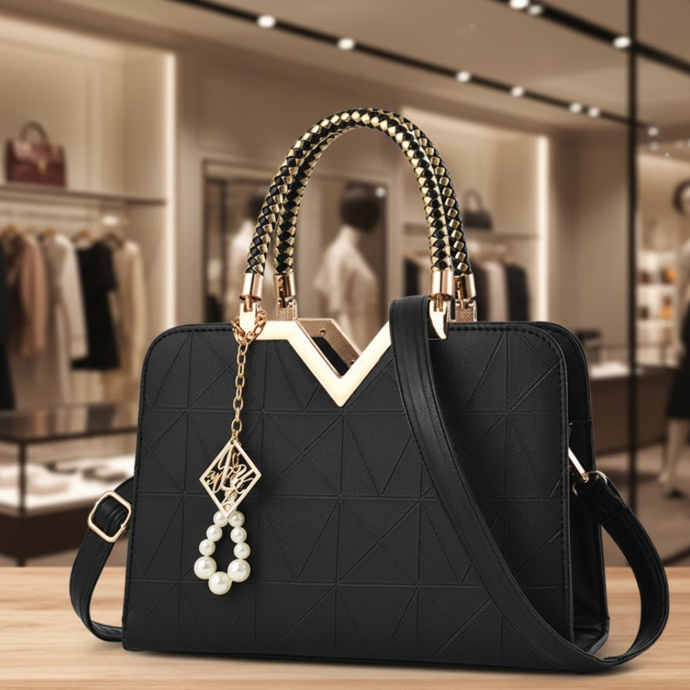 Black satchel with geometric pattern, gold hardware, and pearl charm.