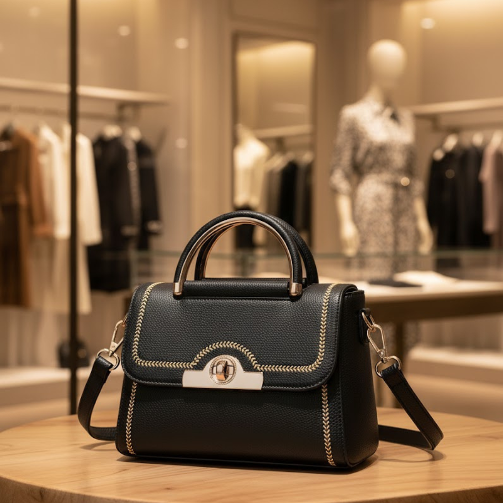 Black pebbled leather handbag with decorative gold stitching, metal clasp, and top handles.