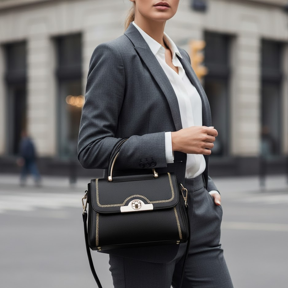 Black structured tote bag with gold hardware and decorative stitching, held by a woman.
