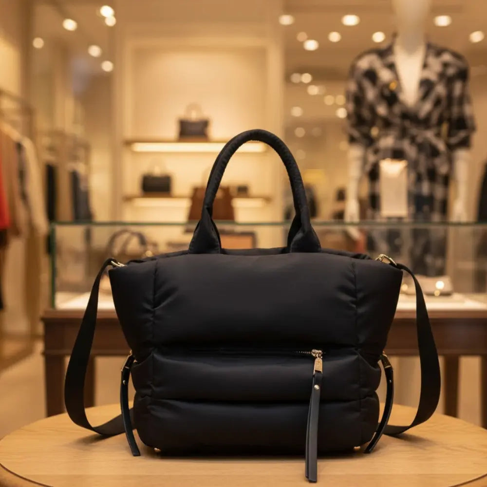 Black padded puffer tote bag with top handles and a front zipper.