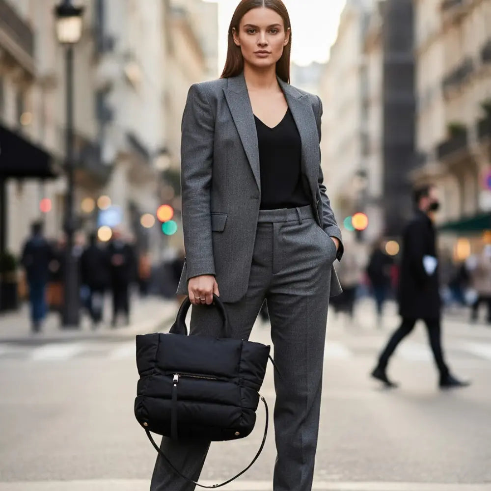 Black quilted puffer tote bag with a zipper, held by a woman.