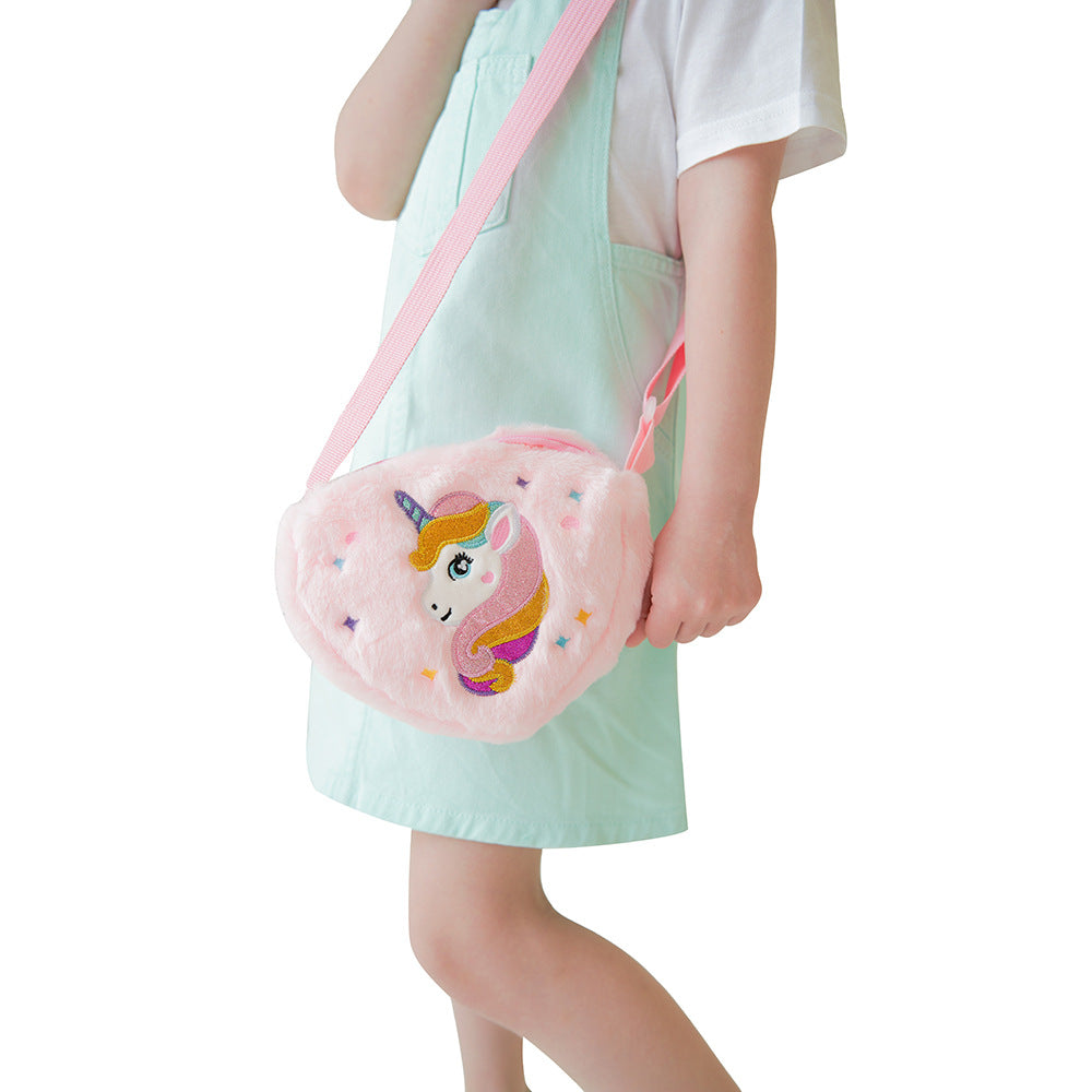 Children's heart-shaped unicorn cartoon single-shoulder bag, plush heart-shaped crossbody bag, kindergarten girls' candy storage bag Hypersku
