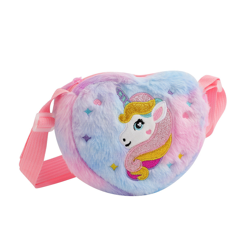Children's heart-shaped unicorn cartoon single-shoulder bag, plush heart-shaped crossbody bag, kindergarten girls' candy storage bag Hypersku