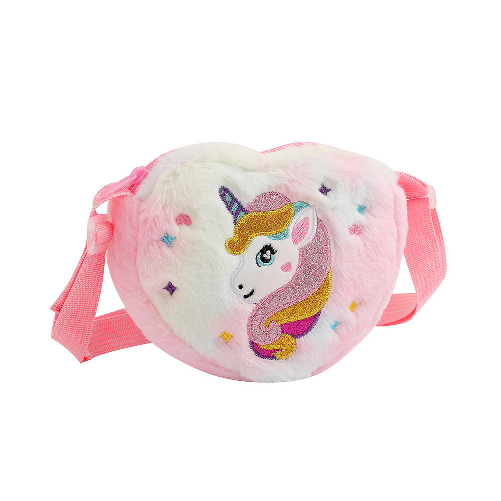 Children's heart-shaped unicorn cartoon single-shoulder bag, plush heart-shaped crossbody bag, kindergarten girls' candy storage bag Hypersku