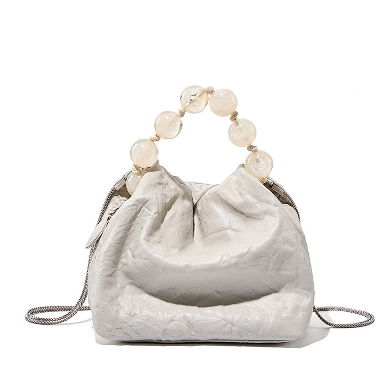 New Chinese-style beaded top layer cowhide bag, women's hand-grabbed pattern lunch box bag, beaded hand-held crossbody bag Hypersku