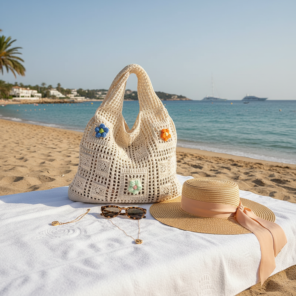 Flower Knitted Woven Beach Tote Lifestyle