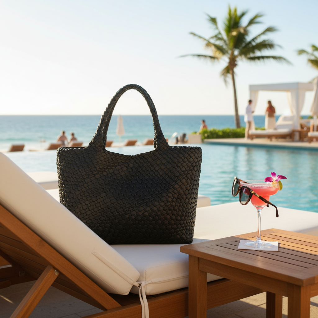 Woven Vegan Leather Beach Tote Lifestyle